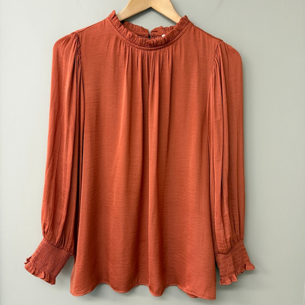 Maison d'Amélie Womens Mock Neck Smocked Cuff Blouse Size Large Rust Orange